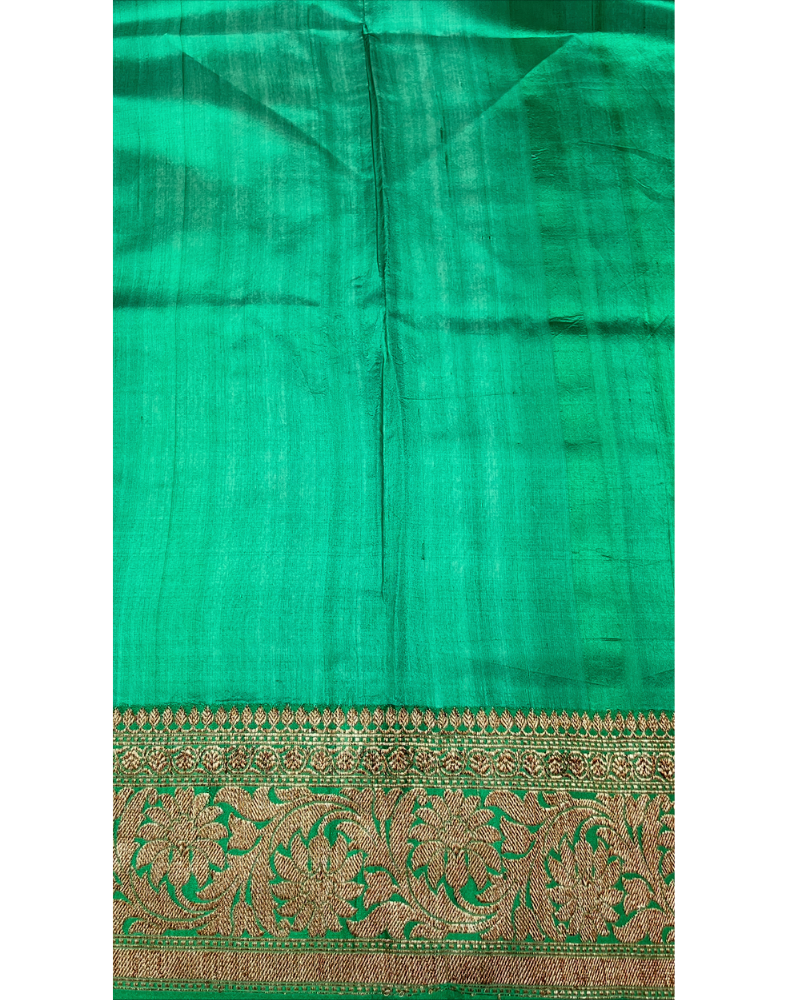 Magenta pink Tussar silk saree with green border