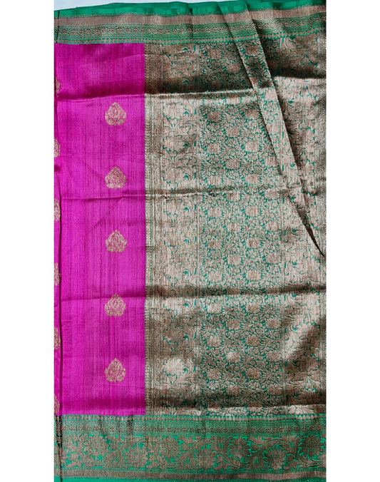 Magenta pink Tussar silk saree with green border