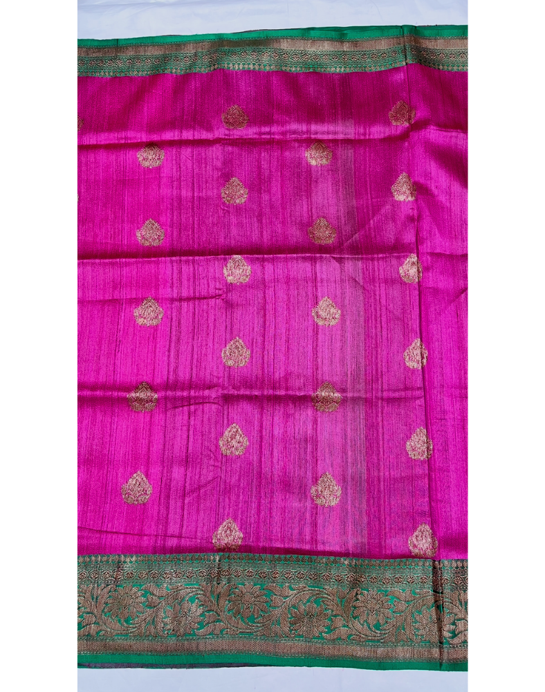 Magenta pink Tussar silk saree with green border