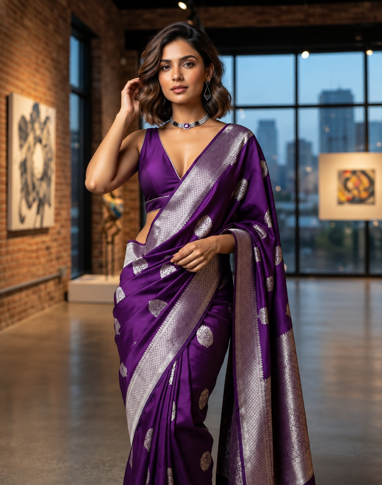 Dark purple Mashru Banarasi silk saree