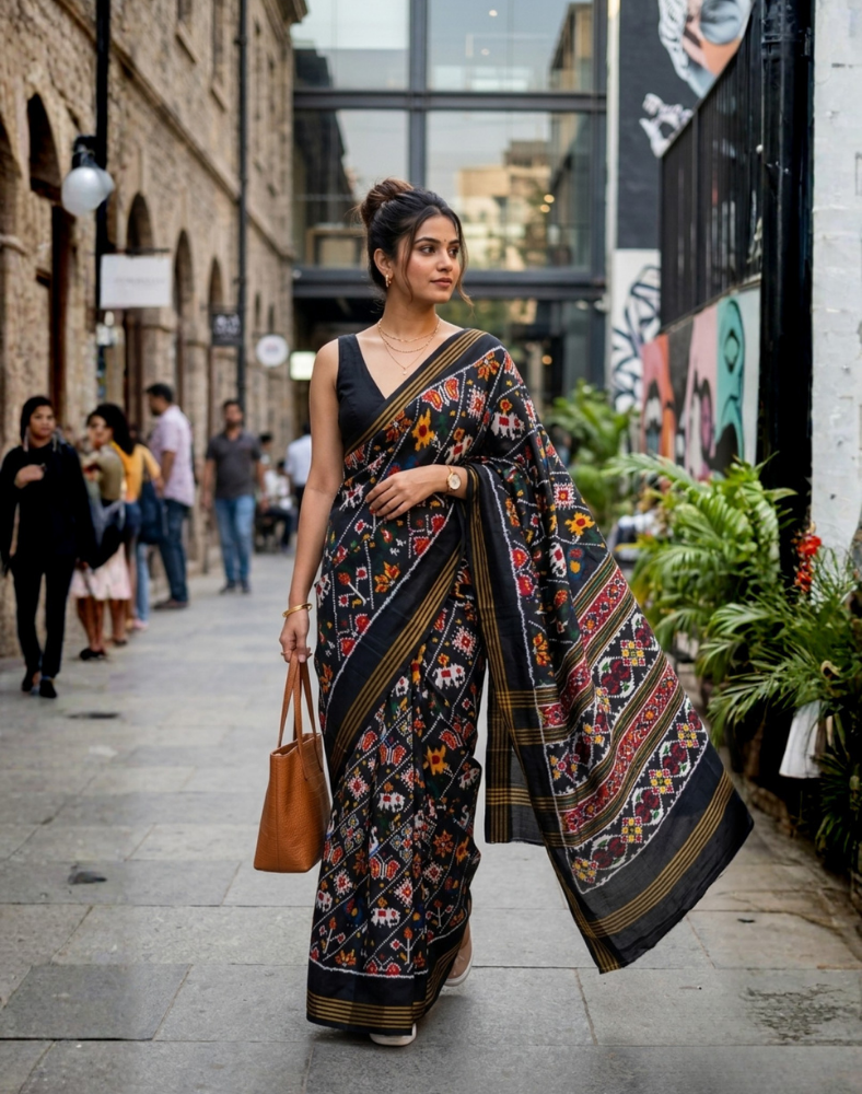 Black Pochampally Handwoven Ikat Silk Saree with Madthasu Weaving