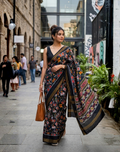 Black Pochampally Handwoven Ikat Silk Saree with Madthasu Weaving