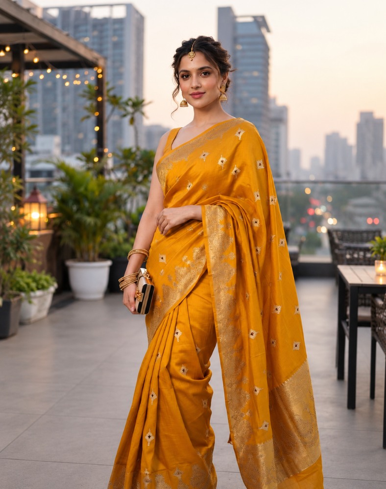 Pure mustard yellow Raw Mango silk saree
