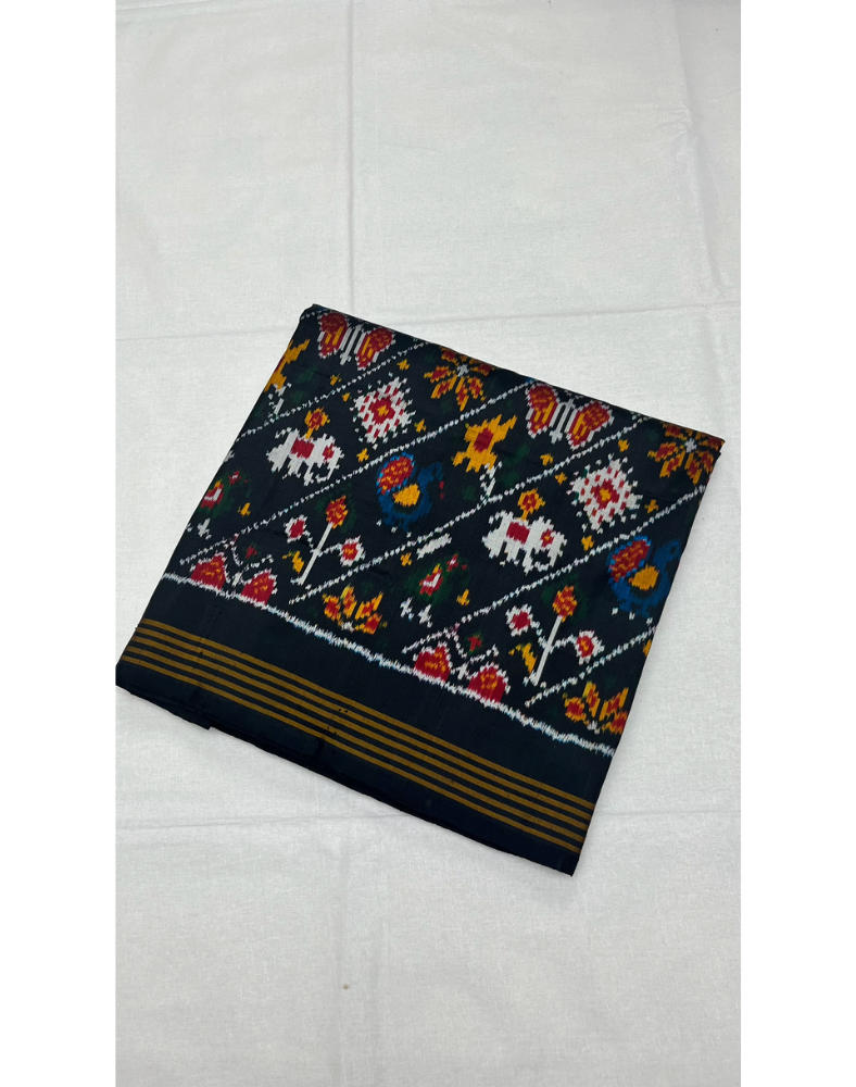 Black Pochampally Handwoven Ikat Silk Saree with Madthasu Weaving