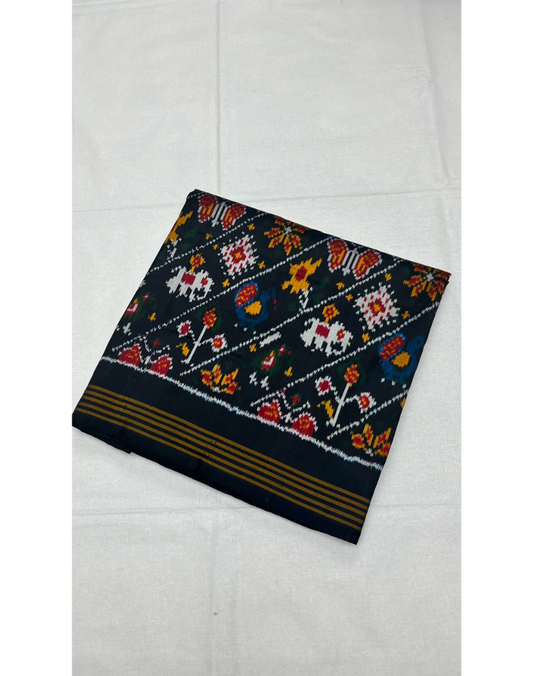 Black Pochampally Handwoven Ikat Silk Saree with Madthasu Weaving