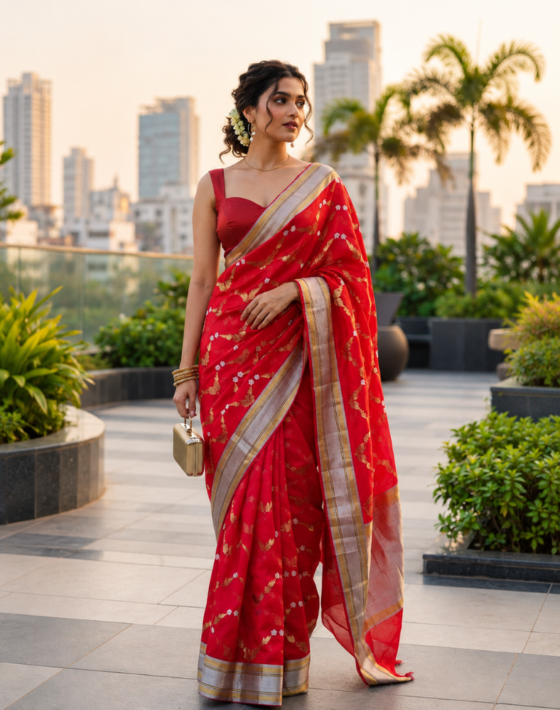 Red Chanderi silk saree with floral patterns