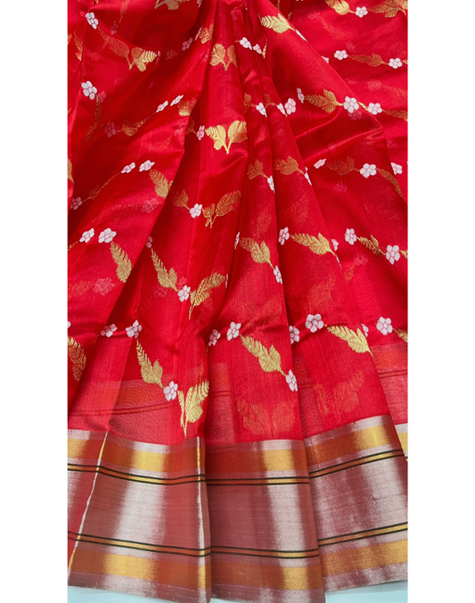 Red Chanderi silk saree with floral patterns