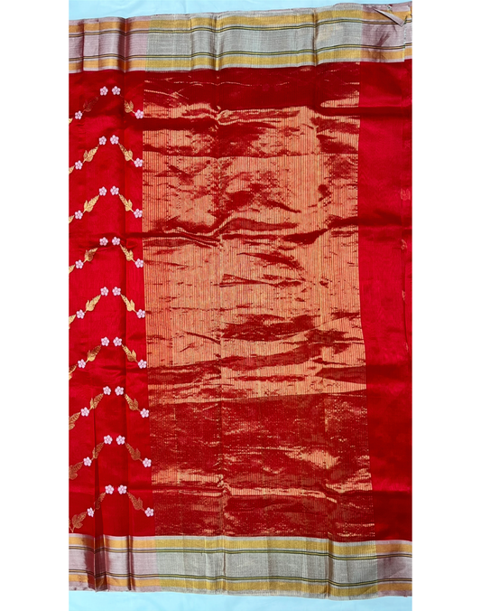 Red Chanderi silk saree with floral patterns