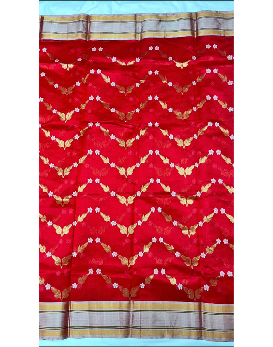 Red Chanderi silk saree with floral patterns