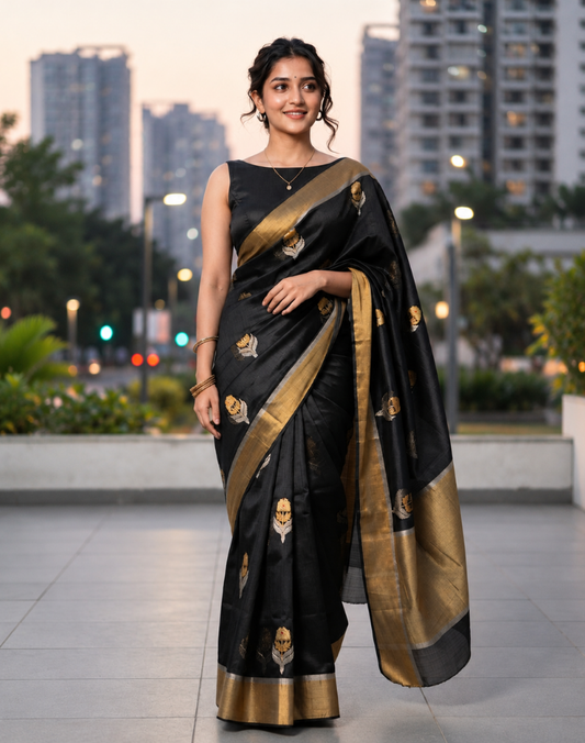 Black Chanderi silk saree