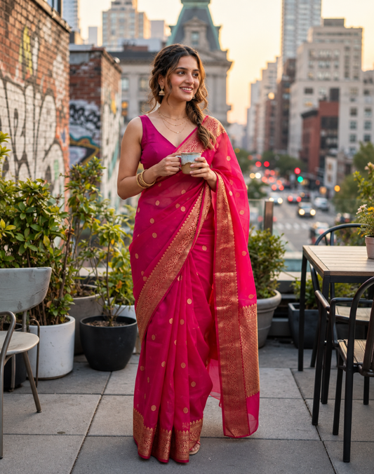 Magenta pink Chanderi organza Katan silk saree