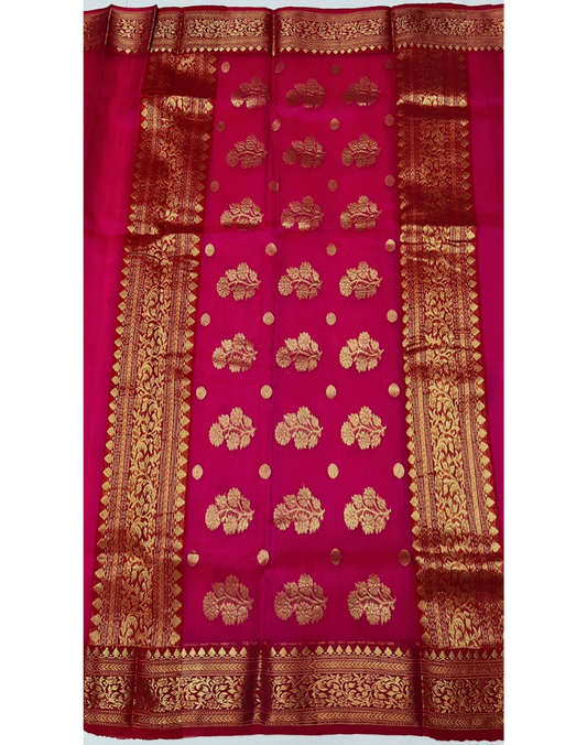 Magenta pink Chanderi organza Katan silk saree