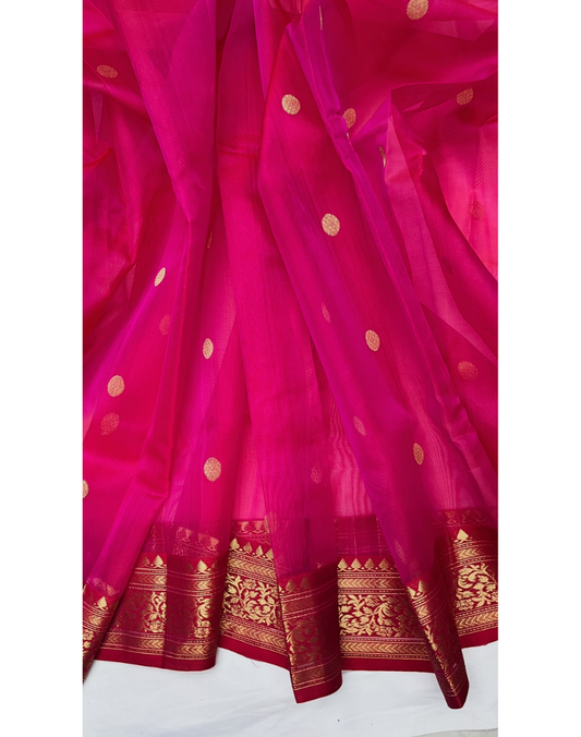 Magenta pink Chanderi organza Katan silk saree