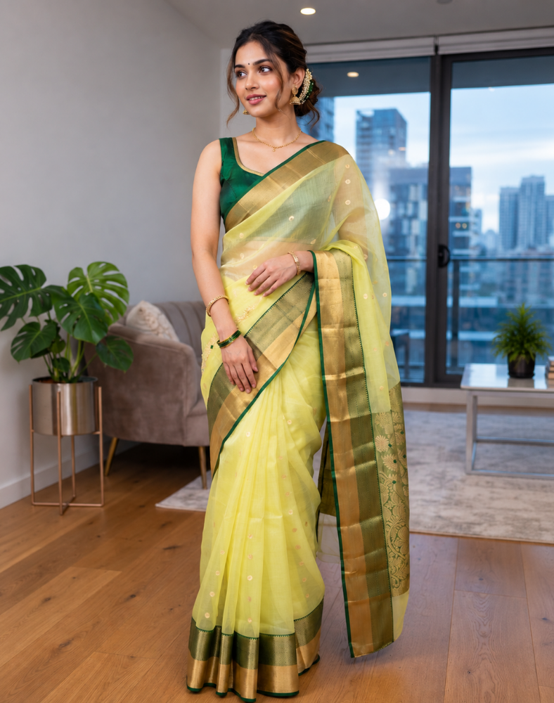 Lime green Chanderi organza Katan silk saree