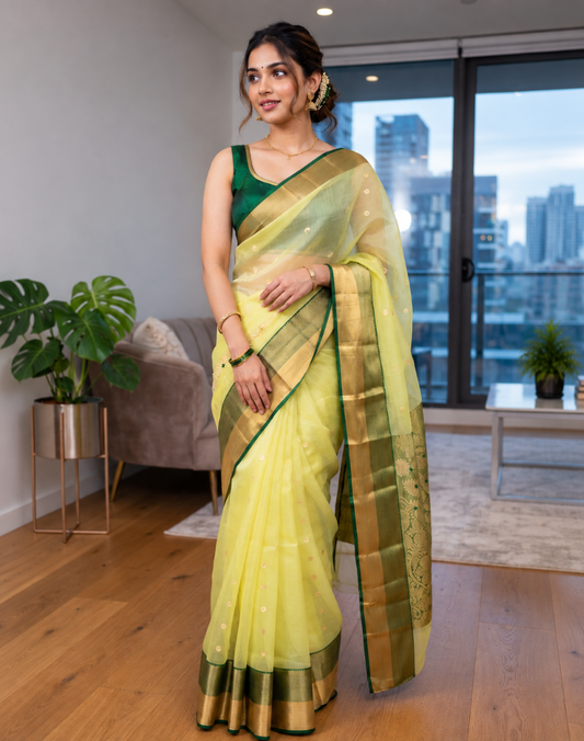 Lime green Chanderi organza Katan silk saree