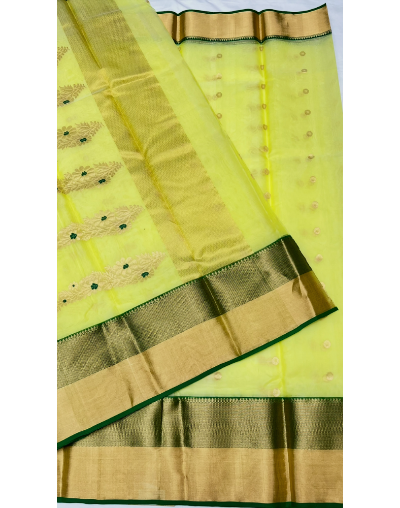 Lime green Chanderi organza Katan silk saree