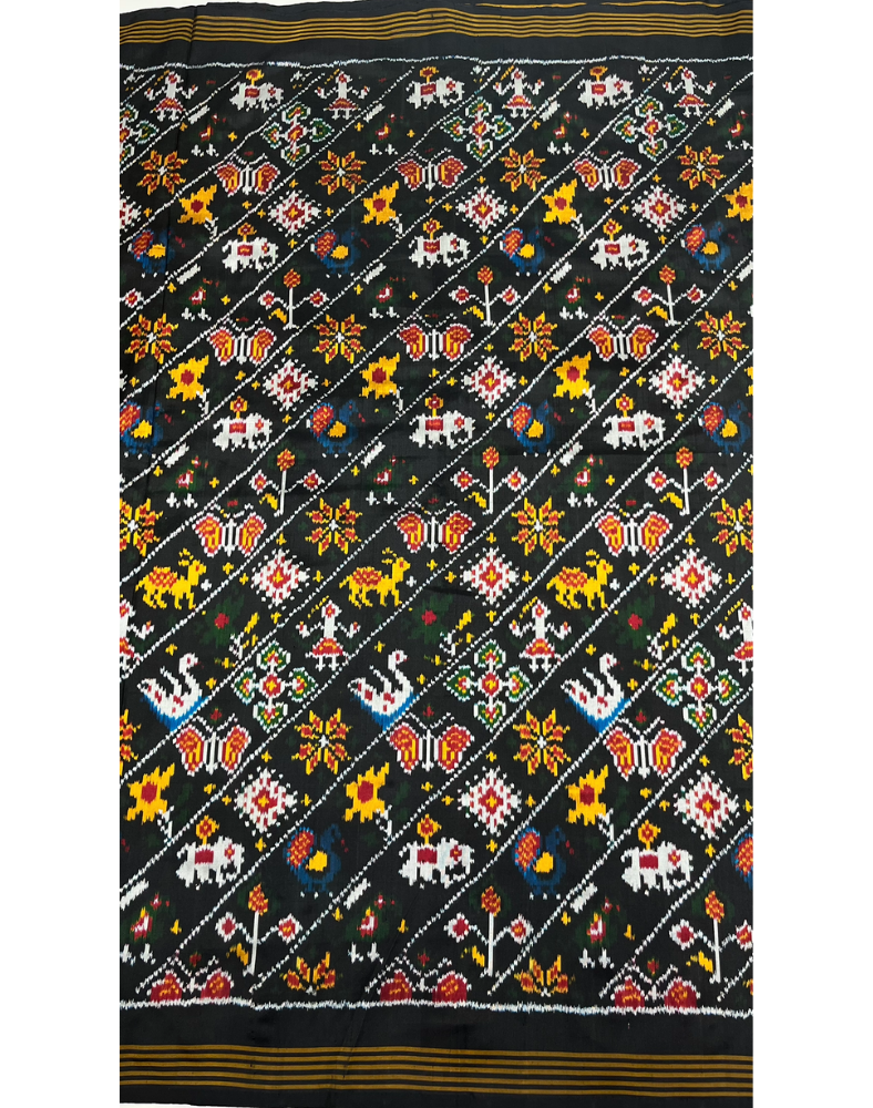 Black Pochampally Handwoven Ikat Silk Saree with Madthasu Weaving