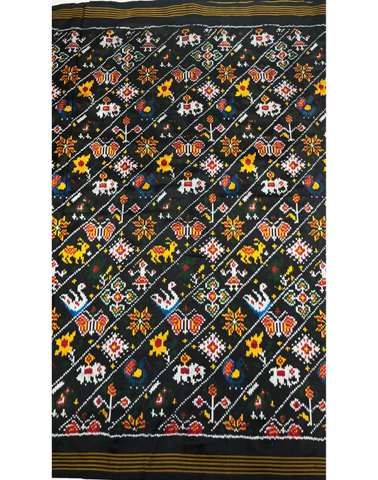 Black Pochampally Handwoven Ikat Silk Saree with Madthasu Weaving