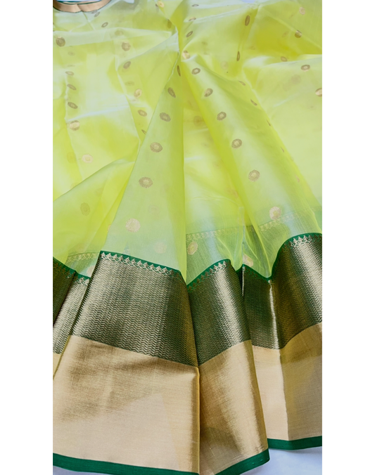 Lime green Chanderi organza Katan silk saree