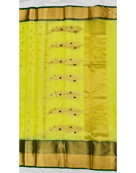 Lime green Chanderi organza Katan silk saree
