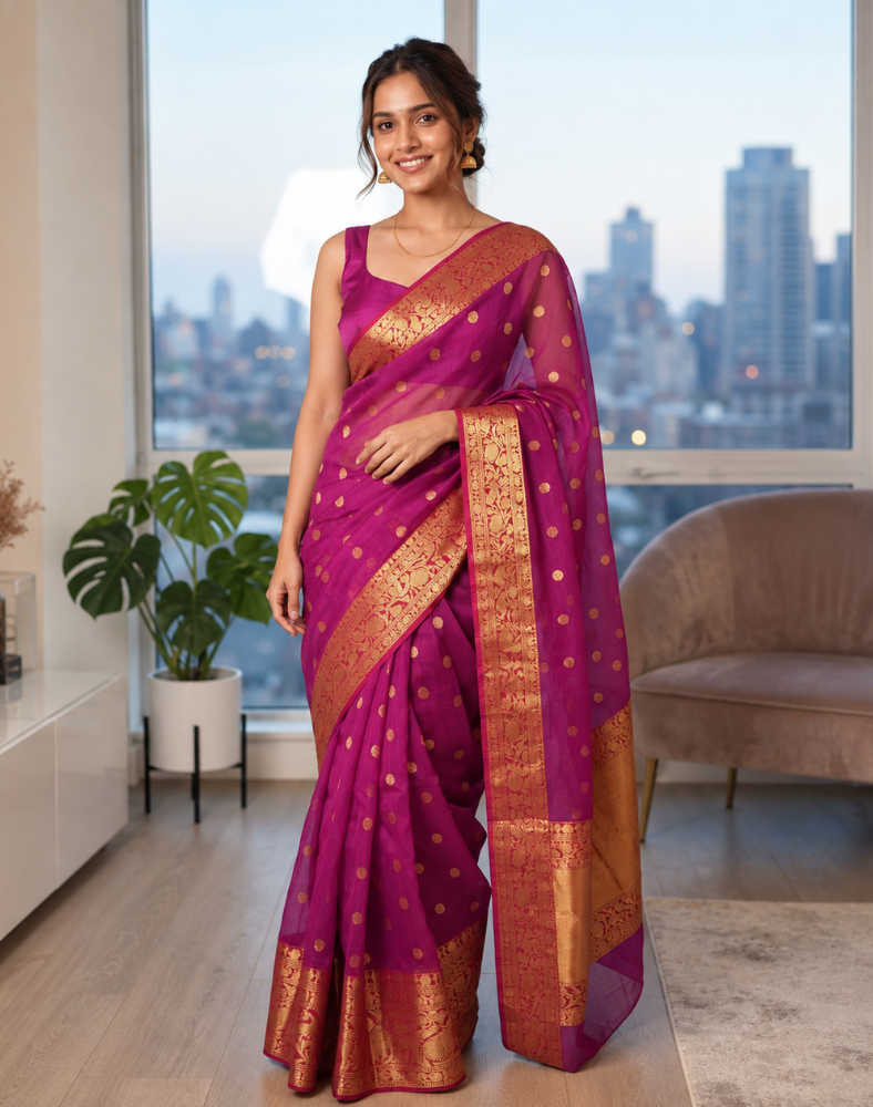 Dark purple tone Chanderi organza Katan silk saree with contrast red border
