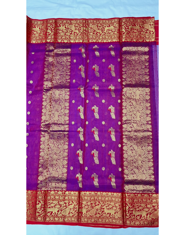 Dark purple tone Chanderi organza Katan silk saree with contrast red border