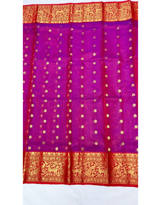 Dark purple tone Chanderi organza Katan silk saree with contrast red border