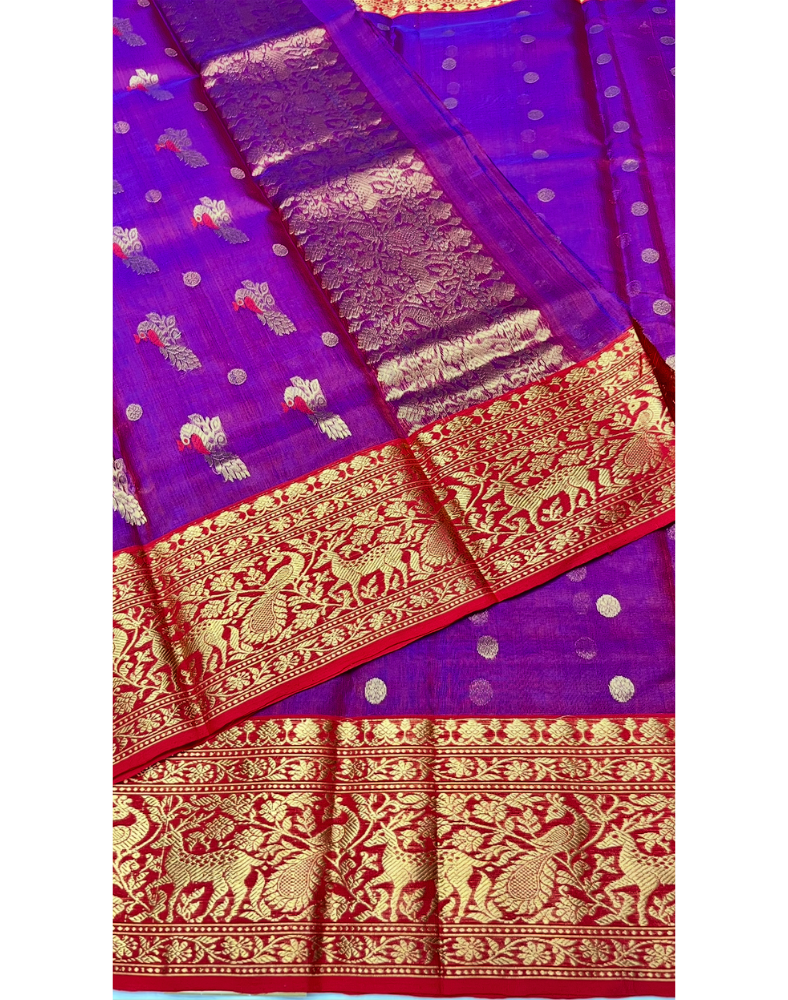 Dark purple tone Chanderi organza Katan silk saree with contrast red border