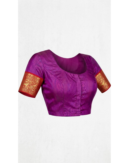 Dark purple tone Chanderi organza Katan silk saree with contrast red border
