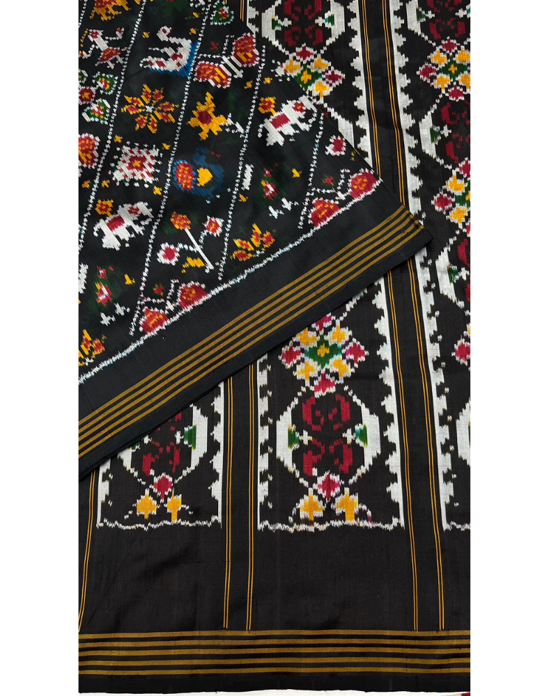 Black Pochampally Handwoven Ikat Silk Saree with Madthasu Weaving