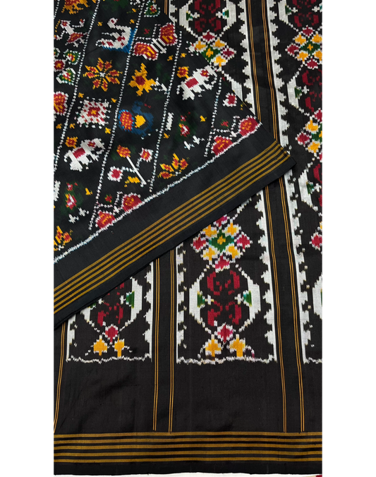 Black Pochampally Handwoven Ikat Silk Saree with Madthasu Weaving