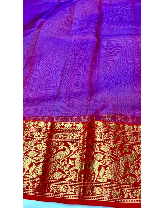 Dark purple tone Chanderi organza Katan silk saree with contrast red border