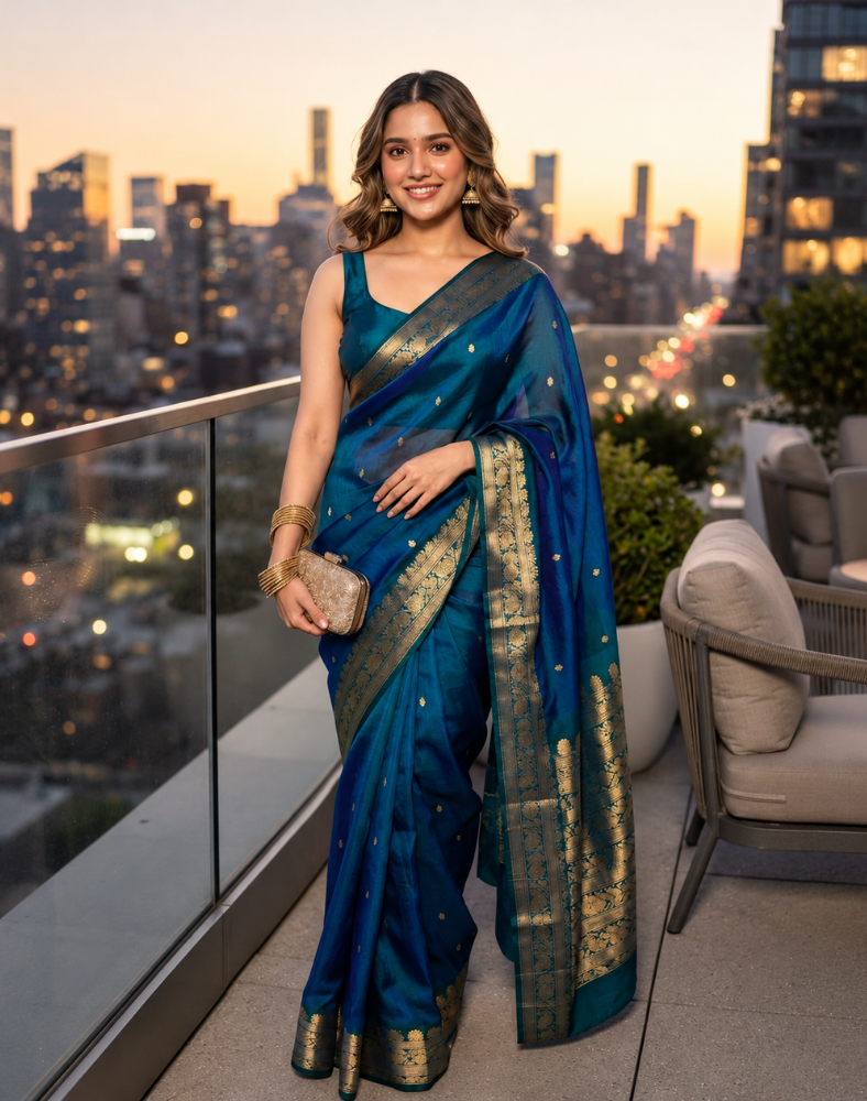 Blue-green dual tone Chanderi organza Katan silk saree