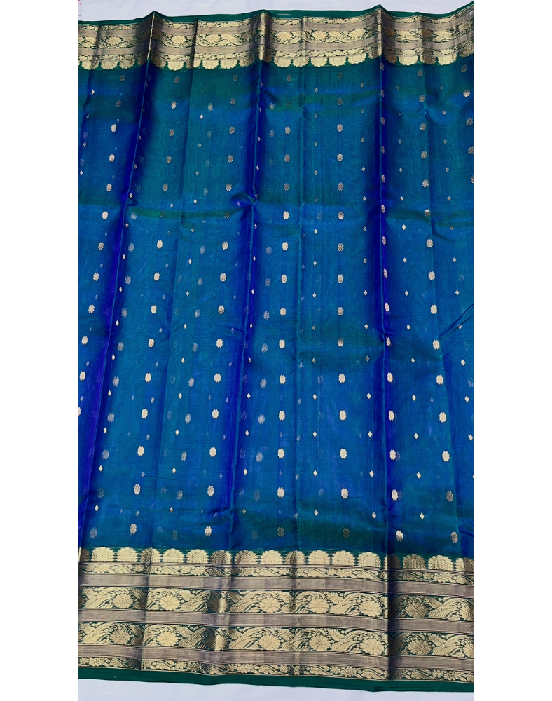 Blue-green dual tone Chanderi organza Katan silk saree