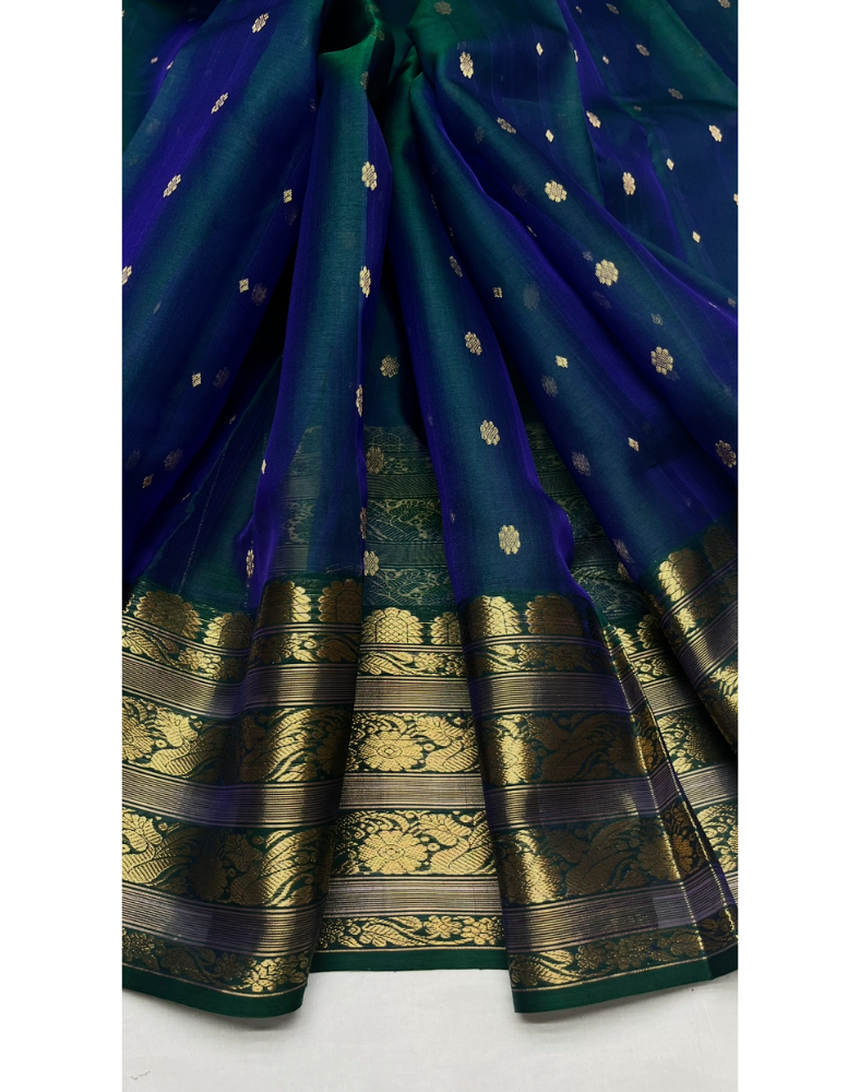 Blue-green dual tone Chanderi organza Katan silk saree