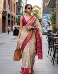 Cream Chanderi tissue silk saree with contrast pink border