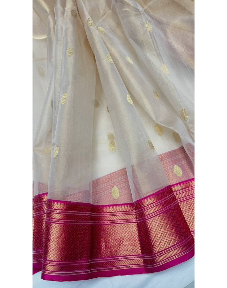Cream Chanderi tissue silk saree with contrast pink border