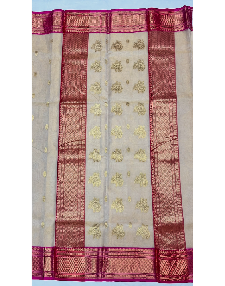 Cream Chanderi tissue silk saree with contrast pink border