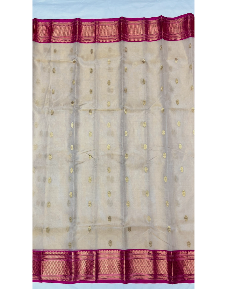 Cream Chanderi tissue silk saree with contrast pink border
