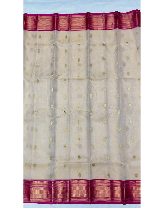 Cream Chanderi tissue silk saree with contrast pink border