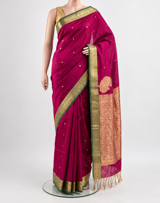Magenta pink handloom silk cotton saree with green contrast border