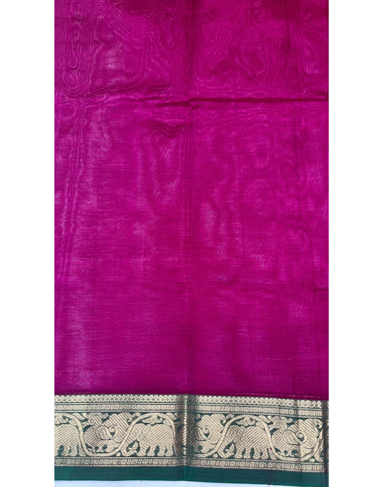 Magenta pink handloom silk cotton saree with green contrast border