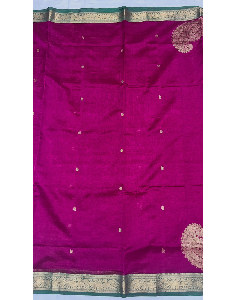 Magenta pink handloom silk cotton saree with green contrast border