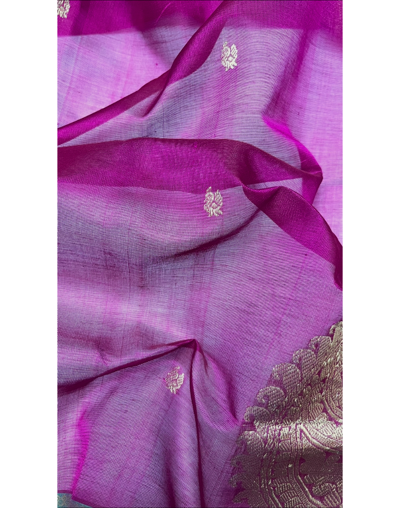 Magenta pink handloom silk cotton saree with green contrast border