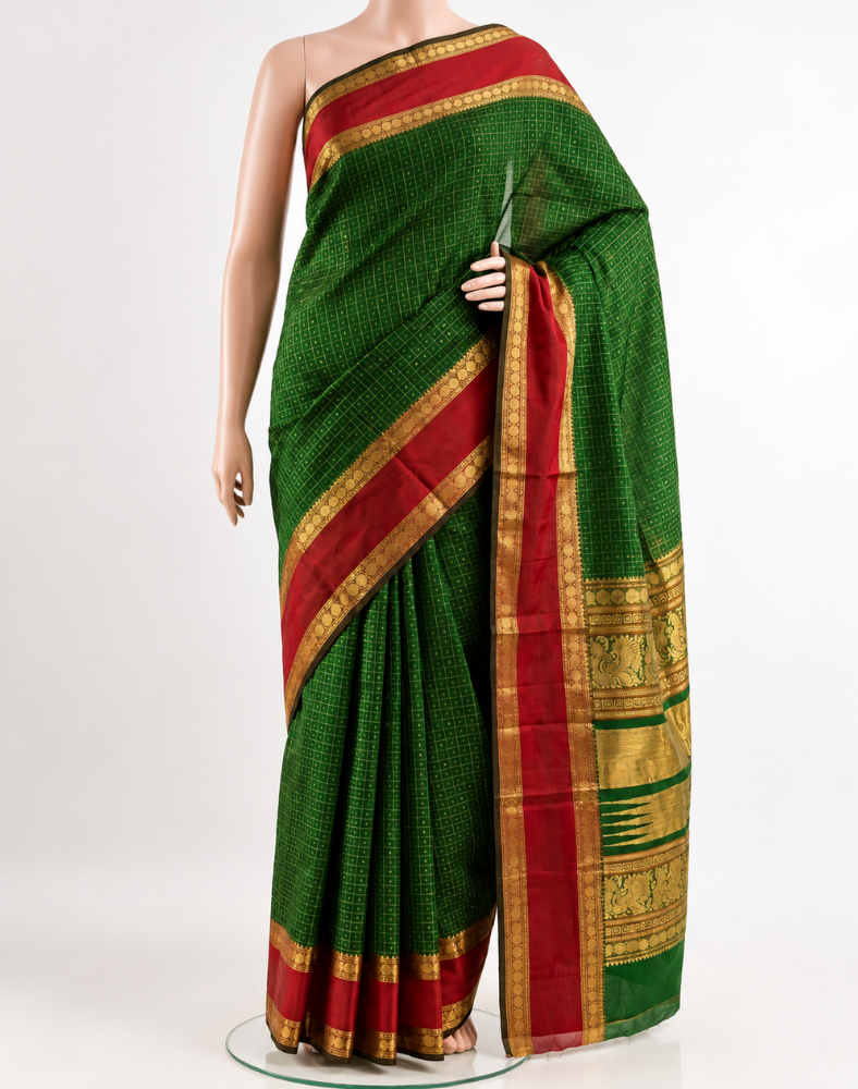 Bottle green handloom silk cotton saree with contrast gap border