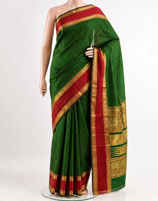 Bottle green handloom silk cotton saree with contrast gap border