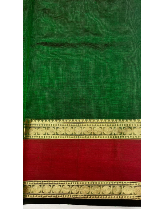 Bottle green handloom silk cotton saree with contrast gap border