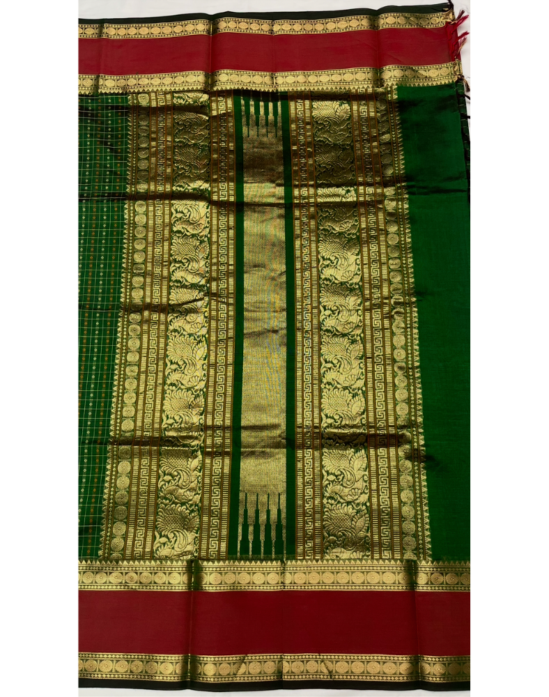 Bottle green handloom silk cotton saree with contrast gap border