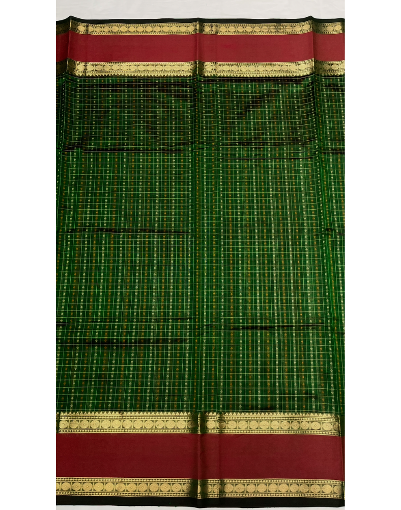Bottle green handloom silk cotton saree with contrast gap border