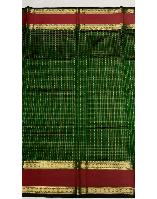 Bottle green handloom silk cotton saree with contrast gap border